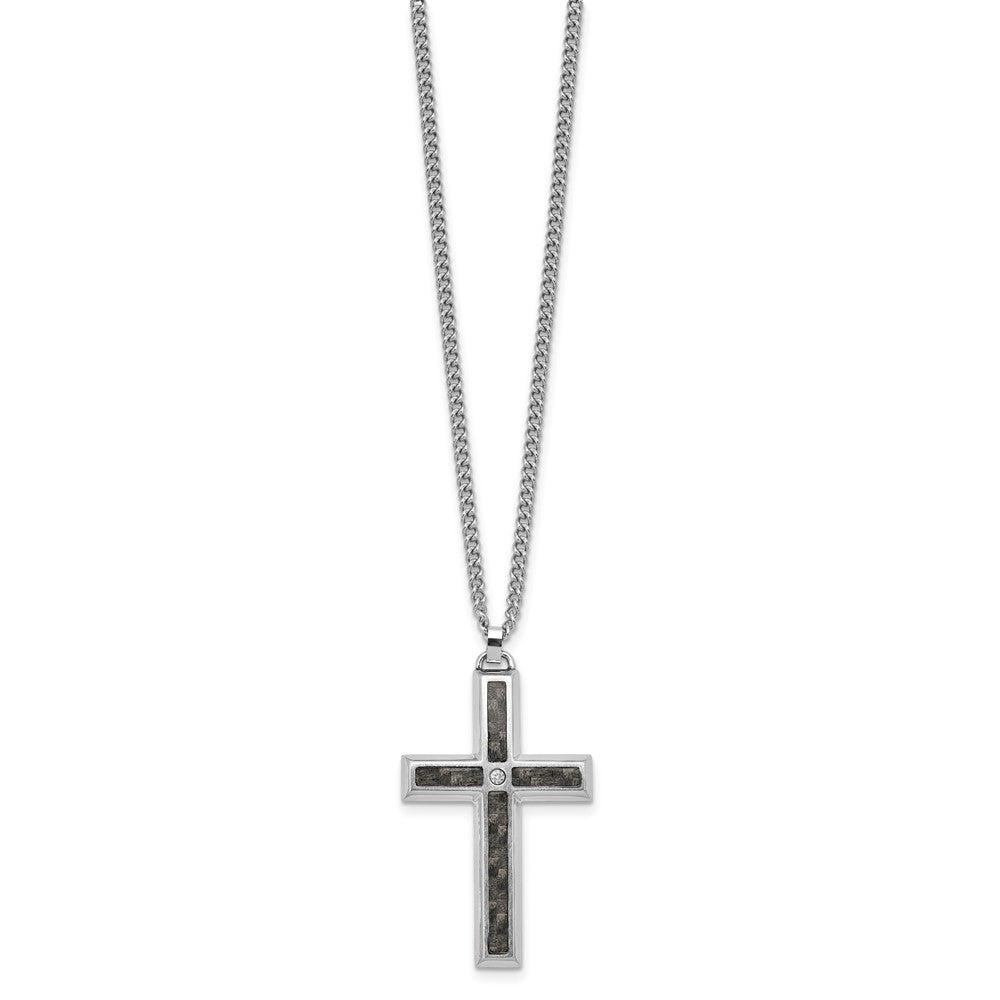 MJ Stainless Steel Carbon Fiber Inlay and .02ct. Diamond Cross 24 Inch Curb Chain Necklace