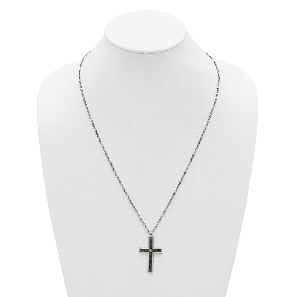 MJ Stainless Steel Carbon Fiber Inlay and .02ct. Diamond Cross 24 Inch Curb Chain Necklace