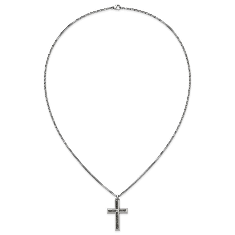 MJ Stainless Steel Carbon Fiber Inlay and .02ct. Diamond Cross 24 Inch Curb Chain Necklace