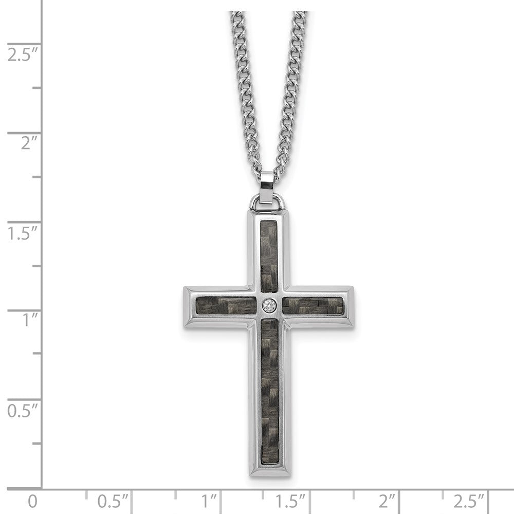 MJ Stainless Steel Carbon Fiber Inlay and .02ct. Diamond Cross 24 Inch Curb Chain Necklace