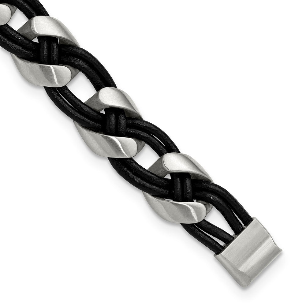 IBGoodman Stainless Steel and Black Leather Braided 8.5 inch with .75 inch extension Bracelet
