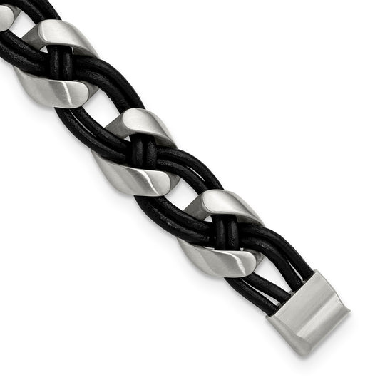 IBGoodman Stainless Steel and Black Leather Braided 8.5 inch with .75 inch extension Bracelet