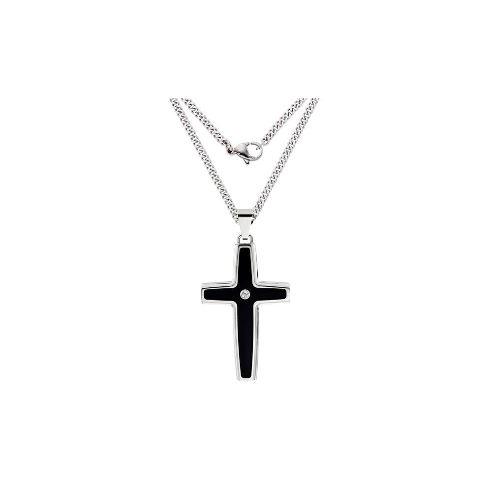 IBGoodman Stainless Steel with .03 carat Diamond Black Enameled Cross with 24 inch Curb Chain Necklace
