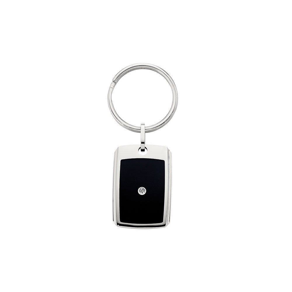Stainless Steel .03ct Diamond Solitaire Key Chain with Black Enamel Inlay