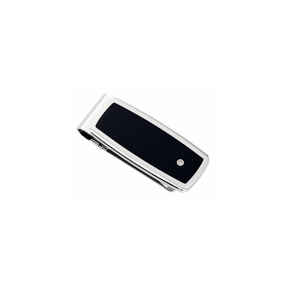 Stainless Steel .03ct Diamond Solitaire Money Clip with Black Enamel Inlay