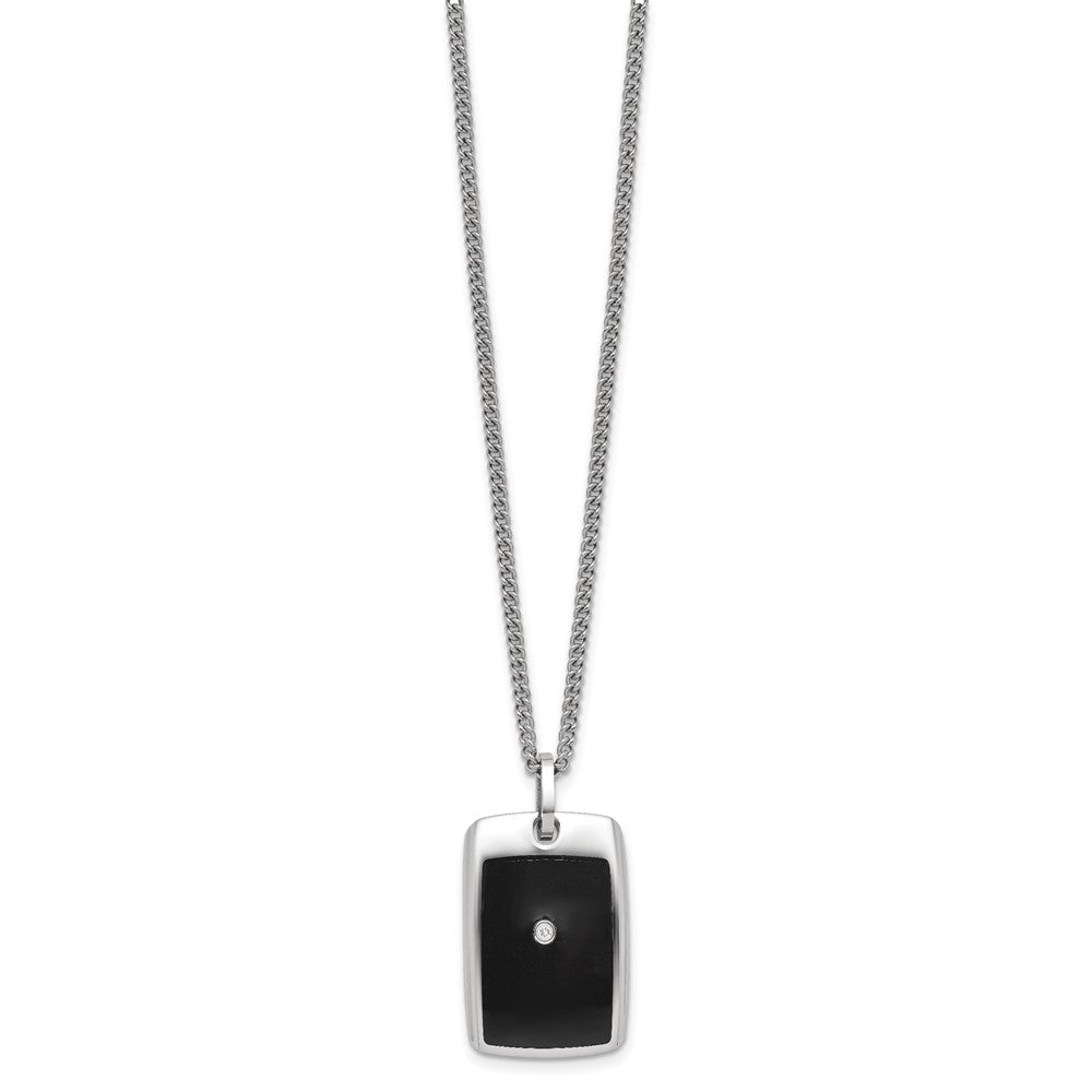 MJ Stainless Steel with Black Enamel .03 carat Diamond Dog Tag 24 Inch Curb Chain Necklace