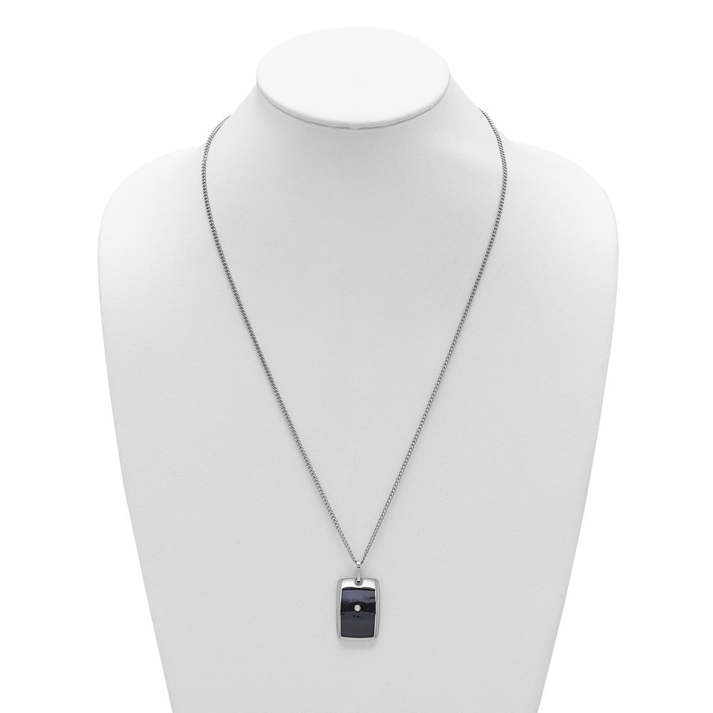 MJ Stainless Steel with Black Enamel .03 carat Diamond Dog Tag 24 Inch Curb Chain Necklace