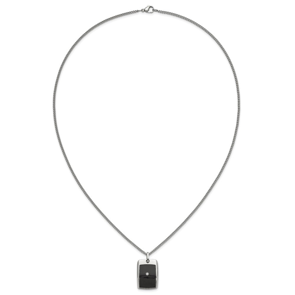 MJ Stainless Steel with Black Enamel .03 carat Diamond Dog Tag 24 Inch Curb Chain Necklace
