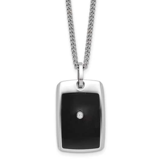 IBGoodman Stainless Steel with Black Enamel .03 carat Diamond Dog Tag 24 Inch Curb Chain Necklace