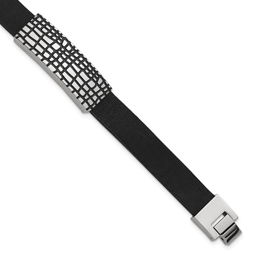 IBGoodman Stainless Steel Textured with Black Enamel ID Black Leather 7.5 inch with .5 inch extension Bracelet