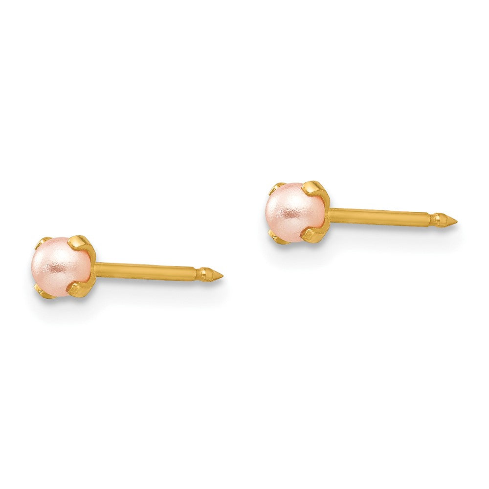 PG 14k Gold 3mm Pink Simulated Pearl Post Earrings