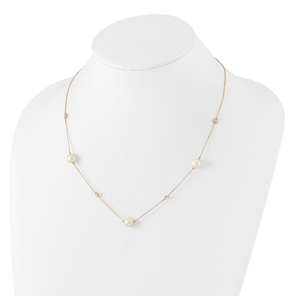 PG 10K Gold Polished CZ and 7-8mm FWC Pearl 7 Station Necklace