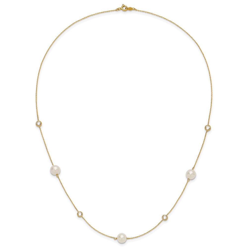 PGN 10K Polished CZ and 7-8mm FWC Pearl 7 Station Necklace
