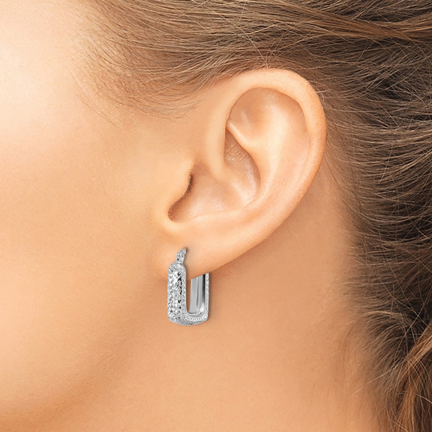 GE 10K White Gold Polished and Diamond-cut Square Hoop Earrings