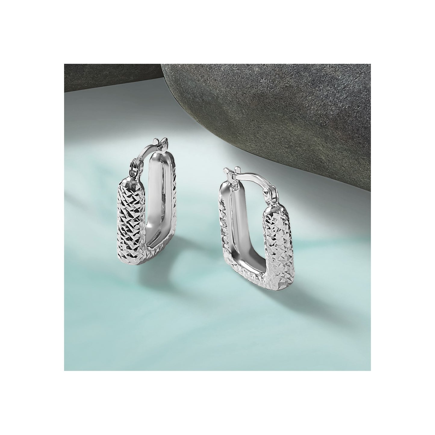 GE 10K White Gold Polished and Diamond-cut Square Hoop Earrings