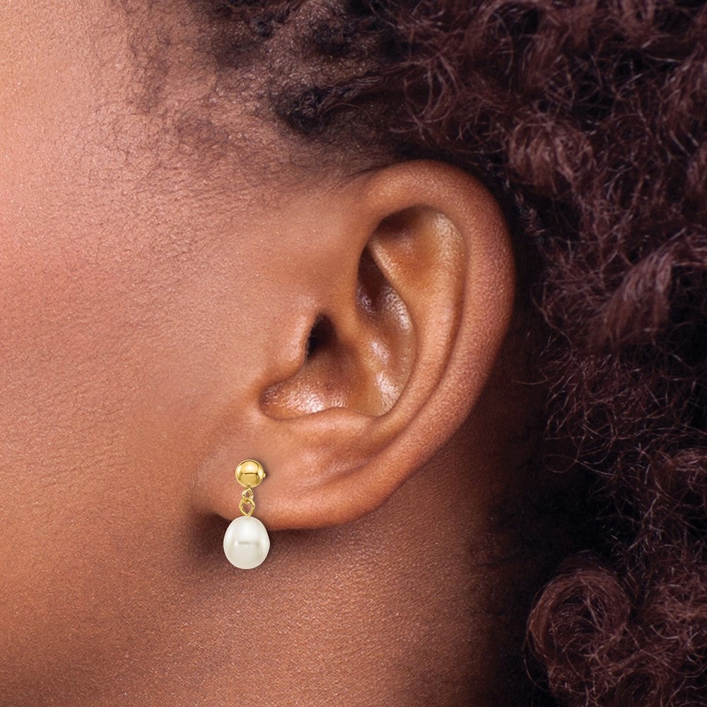 PG 10k Gold 6-7mm White Rice Freshwater Cultured Pearl Dangle Post Earrings