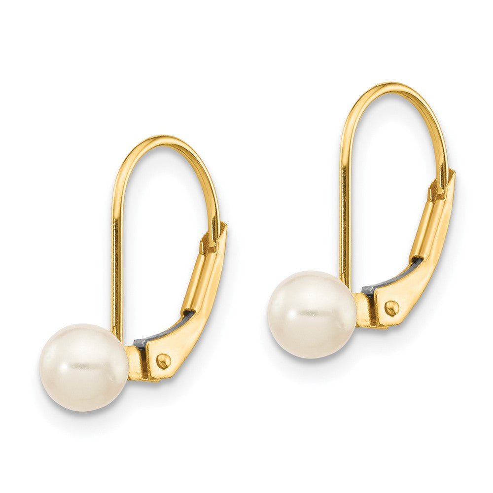 PG 10k Gold 4-5mm White Round Freshwater Cultured Pearl Leverback Earrings