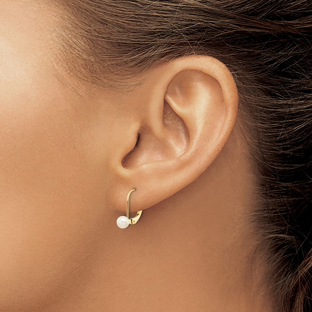 PG 10k Gold 4-5mm White Round Freshwater Cultured Pearl Leverback Earrings