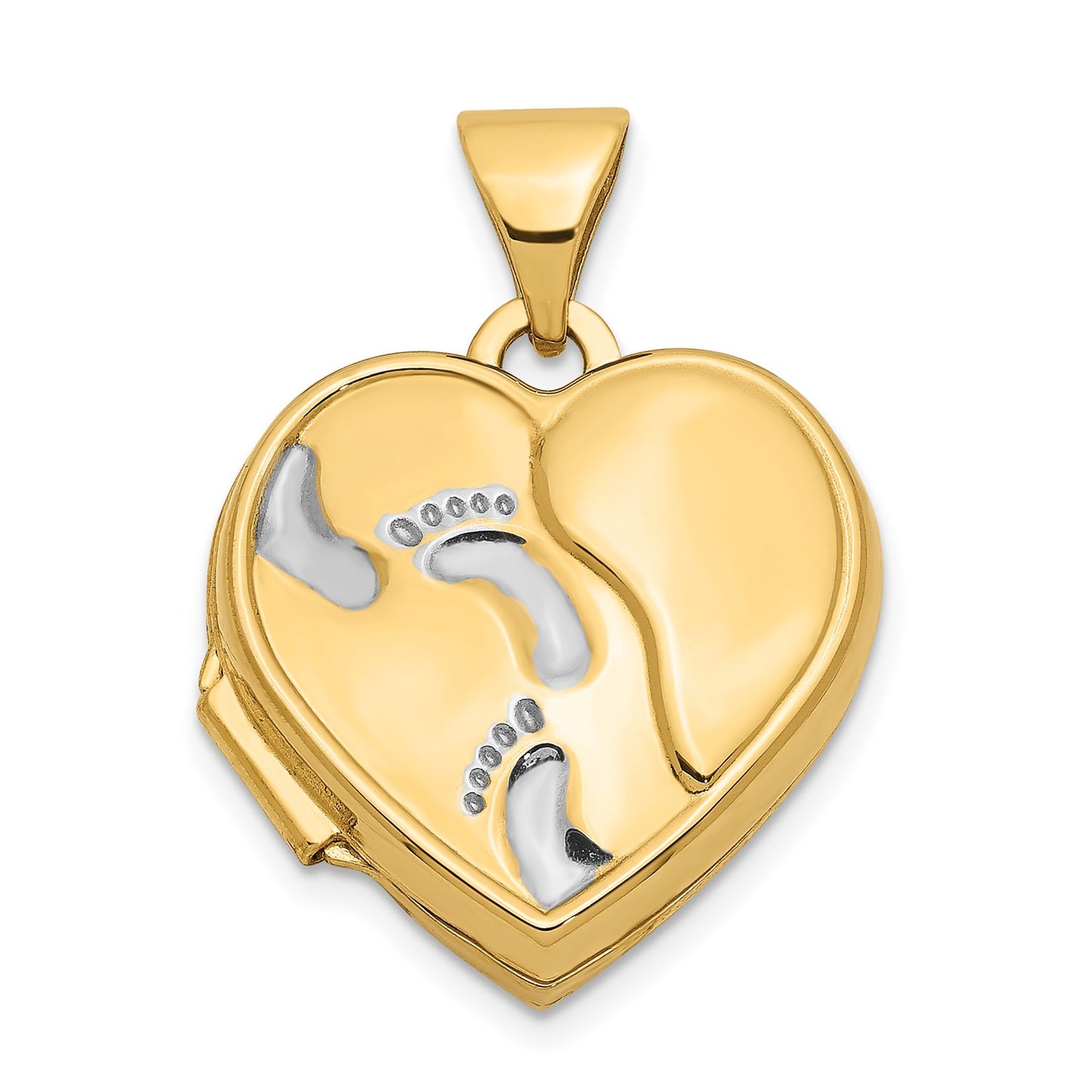 GL 10k w/ White Rhodium 15mm Reversible Foot Prints Heart Locket