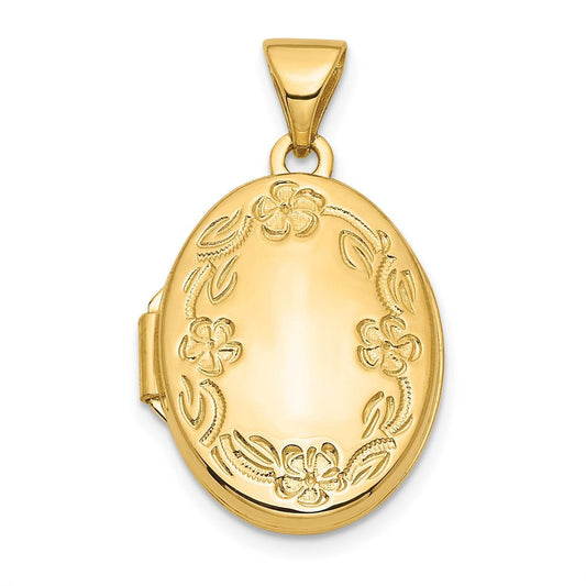 10k 17mm Oval Leaf Floral Hand Engraved Locket - Legacy Of The Heart