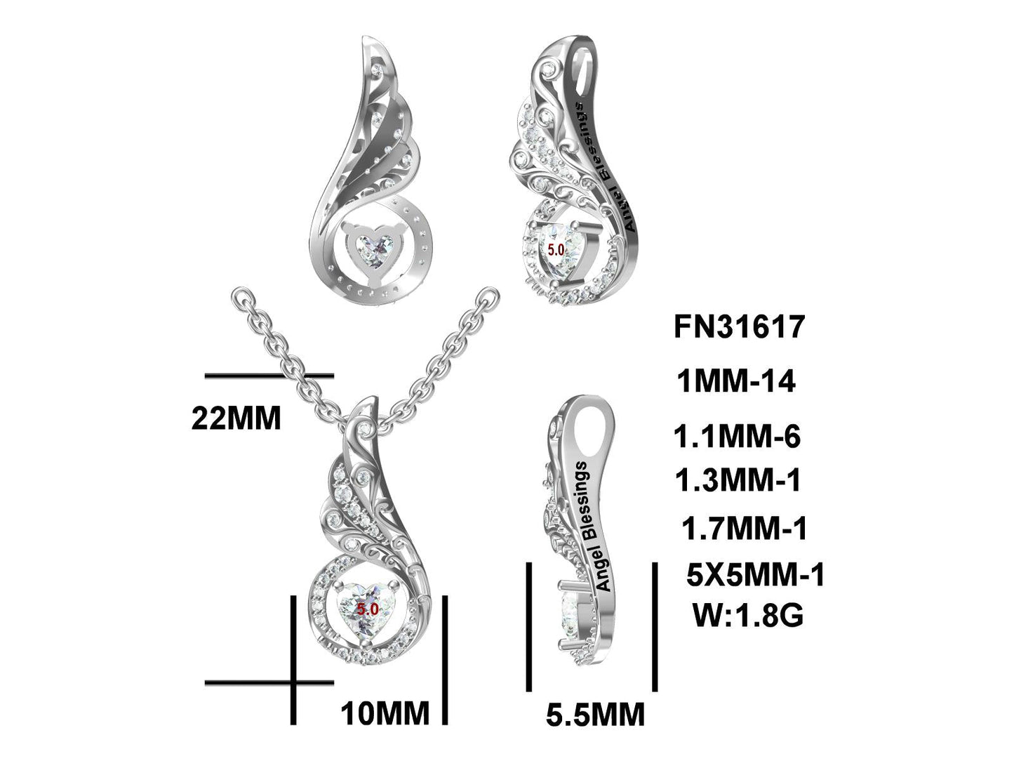 MS Angel Blessings Pendant | Antiqued | Rhodium Sterling Silver Plated | Lab Grown Sapphire Gemstone Heart & Accents | Lasting Legacy Collection