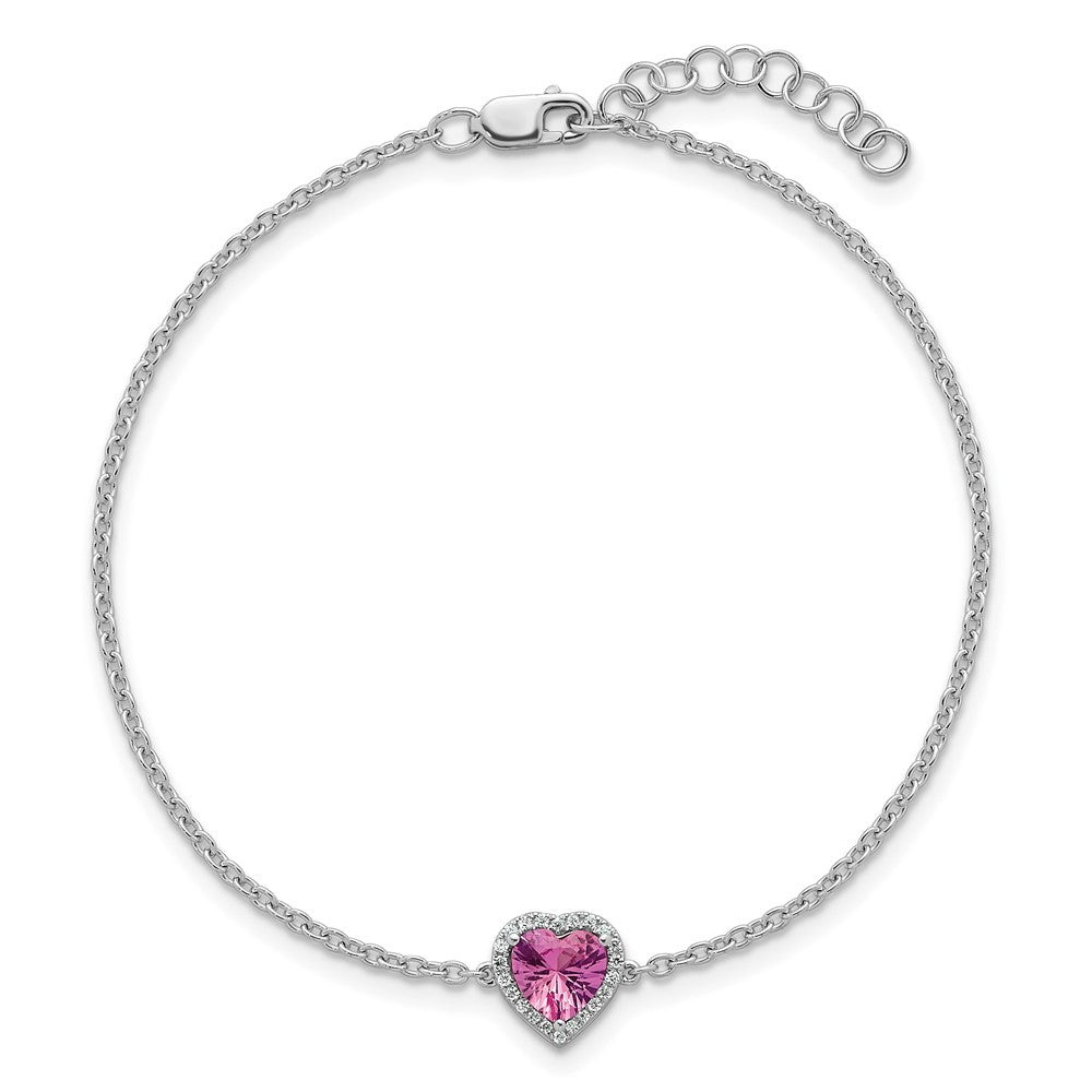 GGB 14k White Gold 1/15 carat Lab Grown Diamond VS+ F+ and Natural Pink Sapphire with 1 inch extension Complete Halo Heart Fashion Link Bracelet