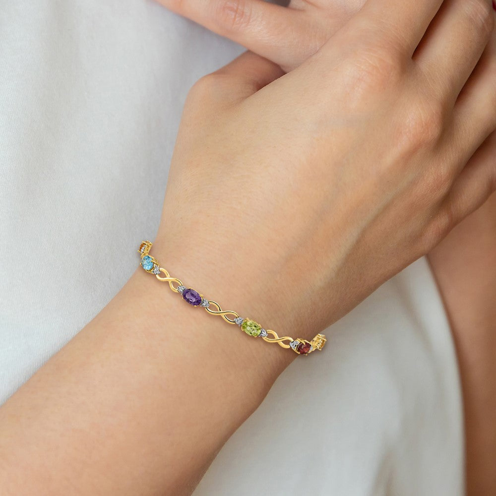 GGB 14k Complete Diamond and Oval Garnet/Swiss Blue Topaz/Citrine/Amethyst/Peridot Infinity 7 inch Rainbow Bracelet