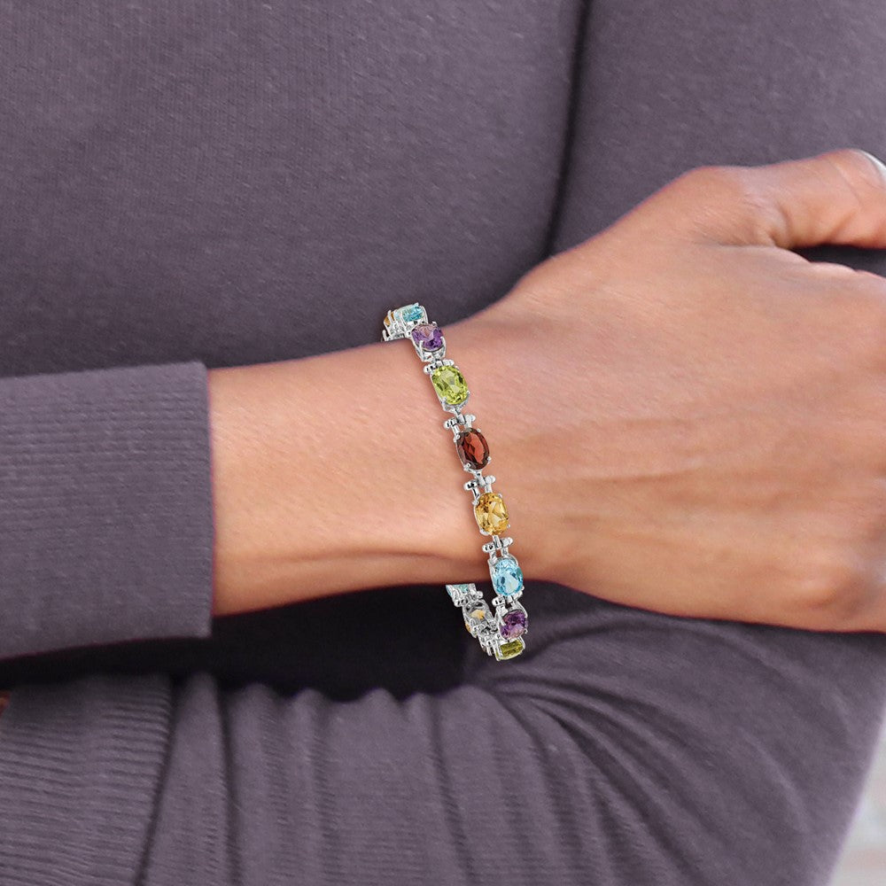 GGB 14k White Gold Complete Alternating Oval Amethyst/Peridot/Garnet/Citrine/Swiss Blue Topaz 7 inch Rainbow Bracelet