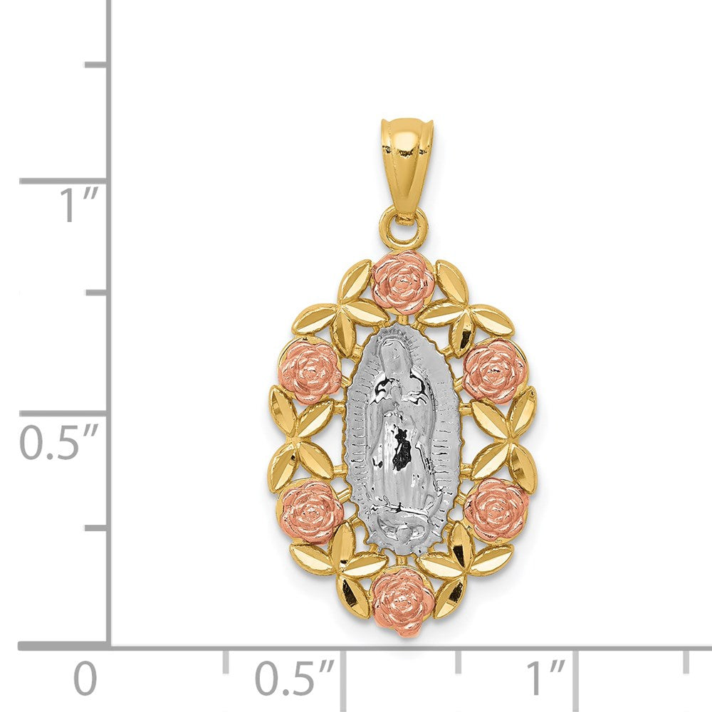 GP 14K Two-Tone with White Rhodium Our Lady of Guadalupe with Flowers Oval Pendant