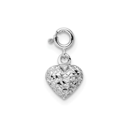 GCH 14K White Gold Diamond-cut Heart Spring Ring Charm Pendant