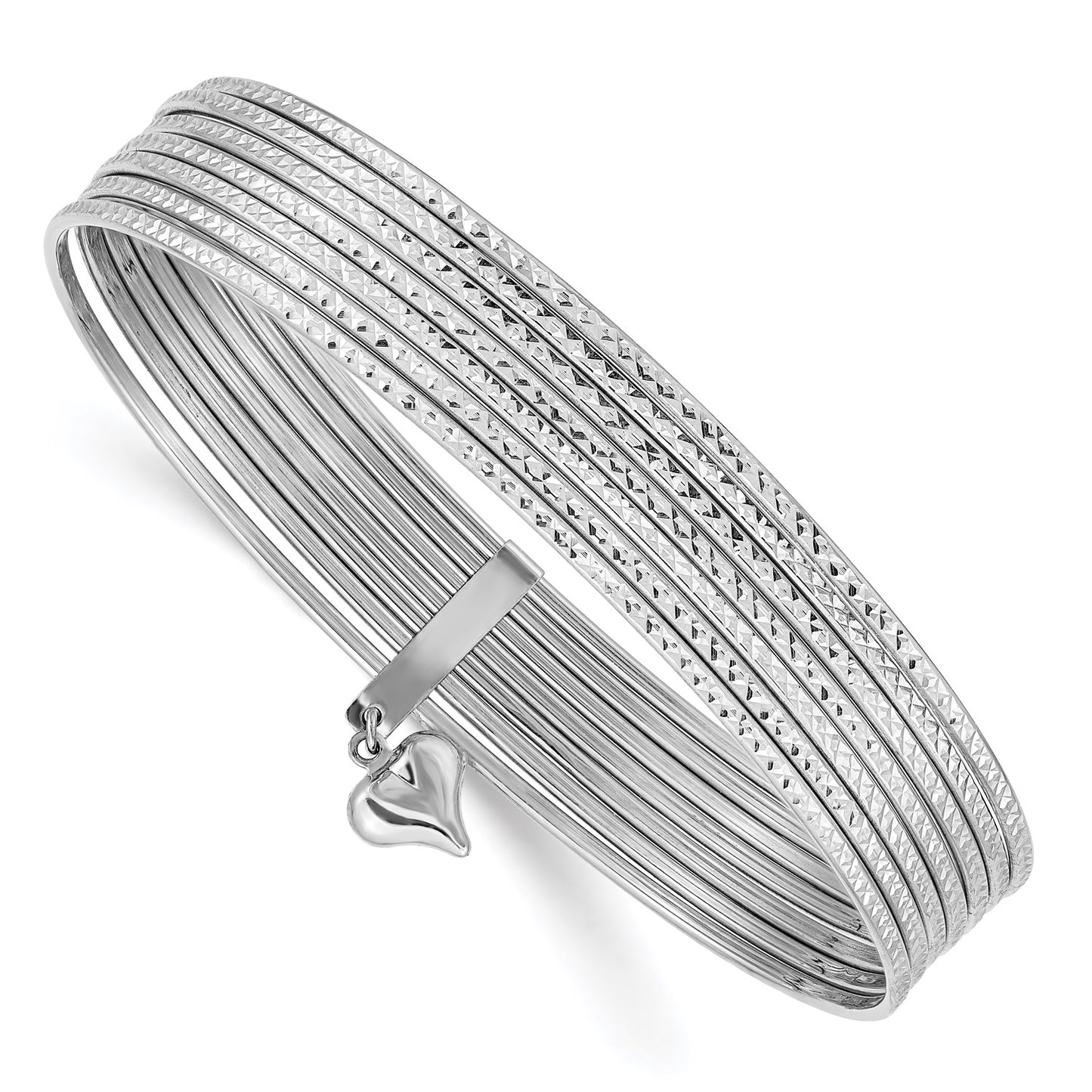 GB 14K WG Oversized w/ Dangle Heart Textured Set of 7 Slip-on Bangles
