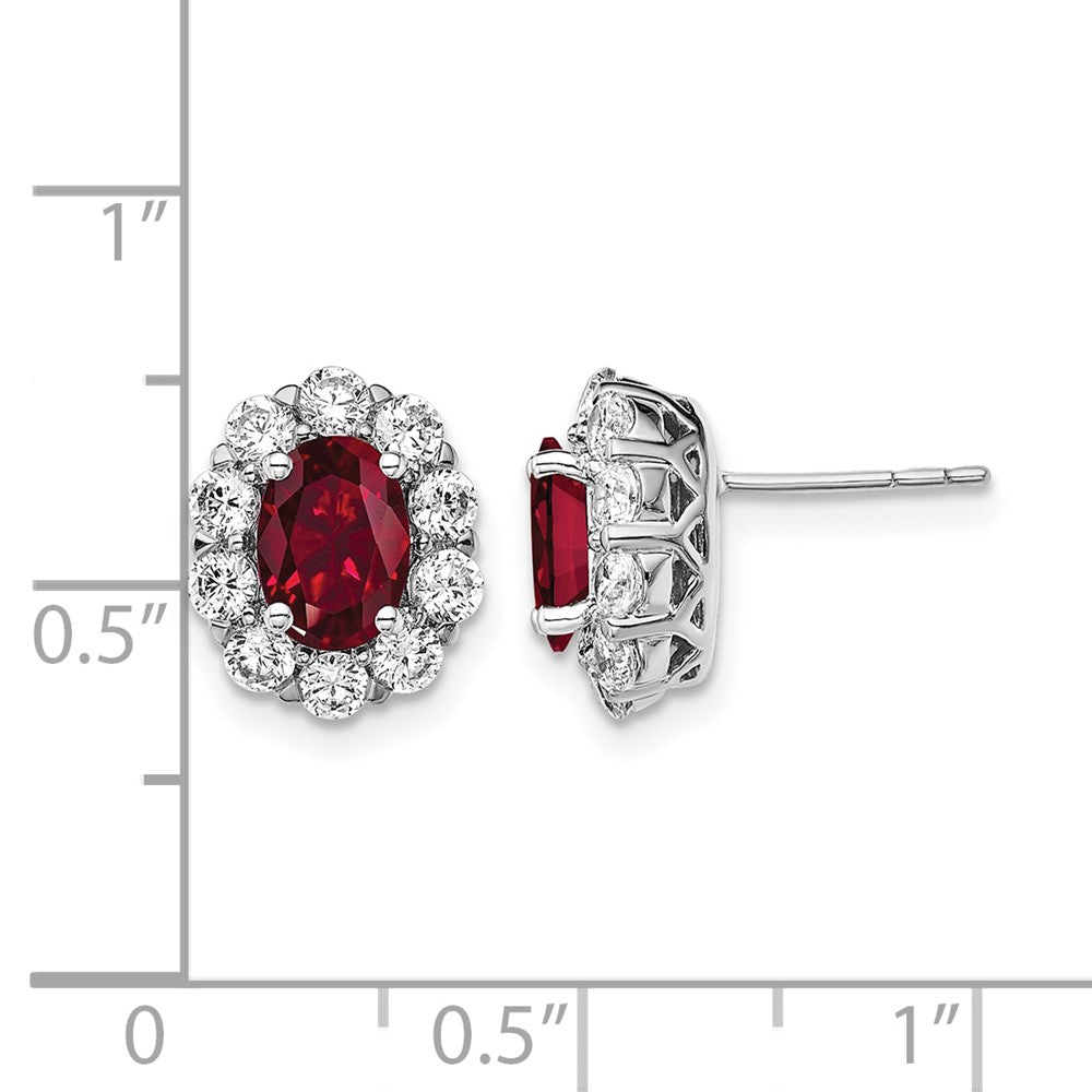 LGWE 14k White Gold 1 1/5 carat Lab Grown Diamond VS/SI+ G+ and Oval Created Ruby Complete Halo Post Earrings