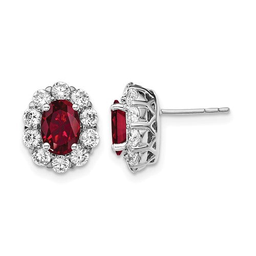 LGWE 14k White Gold 1 1/5 carat Lab Grown Diamond VS/SI+ G+ and Oval Created Ruby Complete Halo Post Earrings