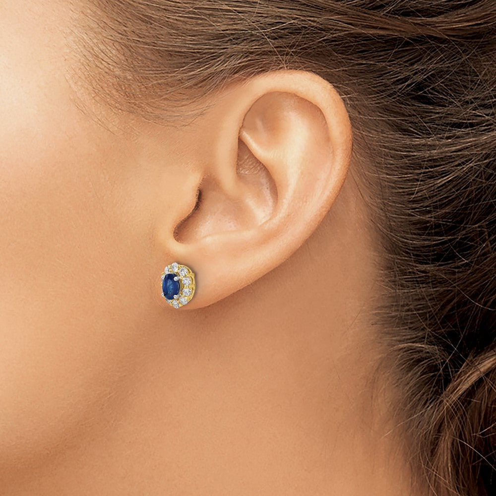 LGWE 14k 5/8 carat Lab Grown Diamond VS/SI+ G+ and Oval Created Sapphire Halo Post Earrings