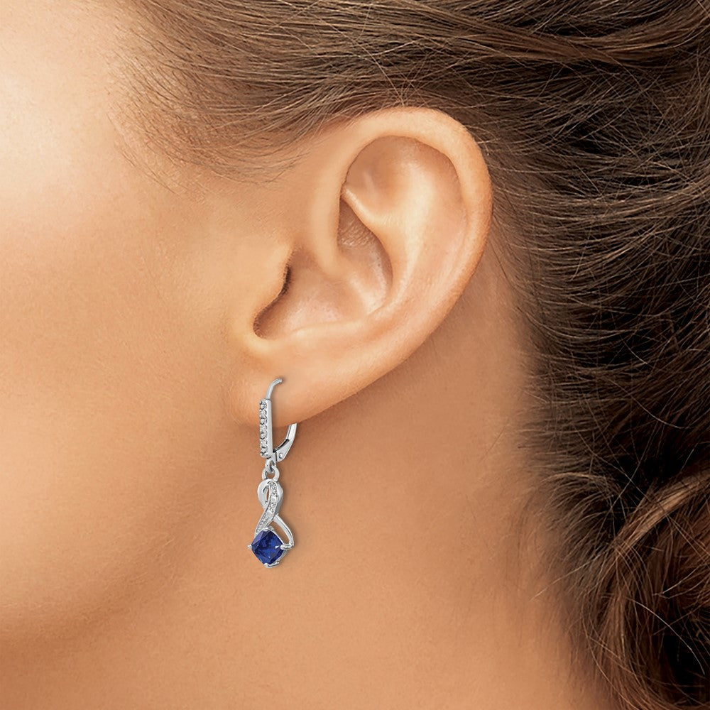 DSS Sterling Silver Rhodium-plated Created Sapphire and Diamond Earrings