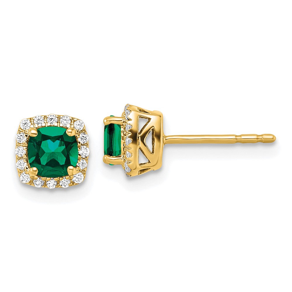 LGYE 14k 1/10 carat Lab Grown Diamond VS/SI+ G+ and Created Emerald Complete Square Halo Post Earrings
