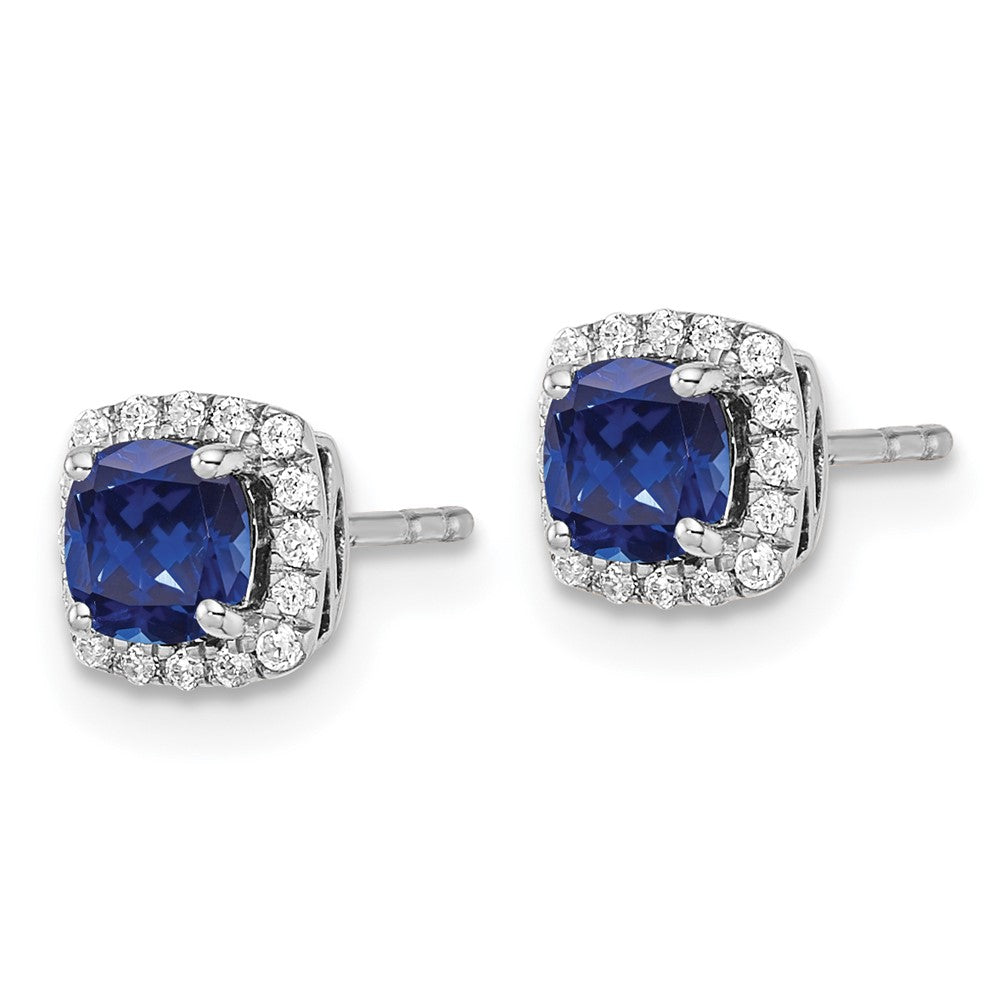 LGWE 14k White Gold 1/10 carat Lab Grown Diamond VS/SI+ G+ and Created Sapphire Complete Square Halo Post Earrings