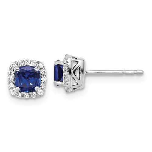 LGWE 14k White Gold 1/10 carat Lab Grown Diamond VS/SI+ G+ and Created Sapphire Complete Square Halo Post Earrings