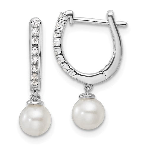 LBYE 14k White Gold 1/10 carat Lab Grown Diamond VS/SI+ G+ and 5.50 mm Round Freshwater Cultured Pearl Complete Hinged Hoop Earrings