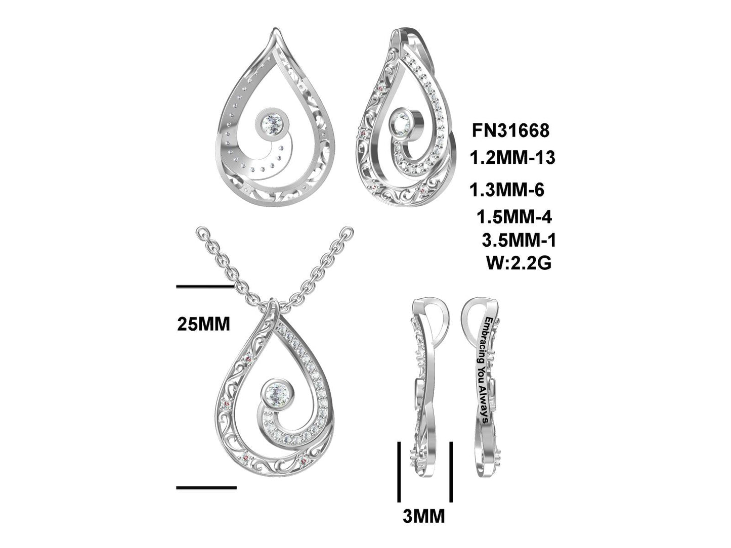 MS Embracing You Always Teardrop Pendant; Rhodium Plated SS w/Created Sapphire Gemstones & Chain.