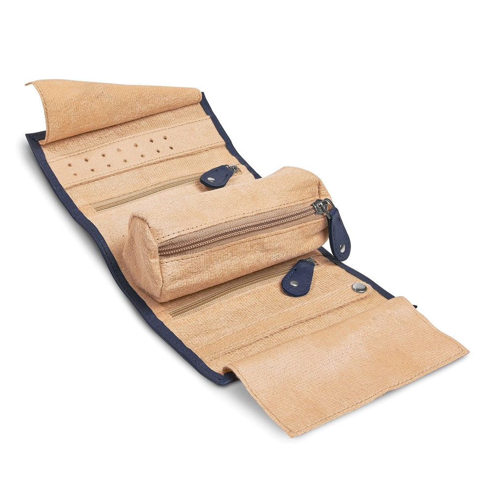 JP Blue Leather Tie Jewelry Roll with Removable Zippered Pouch