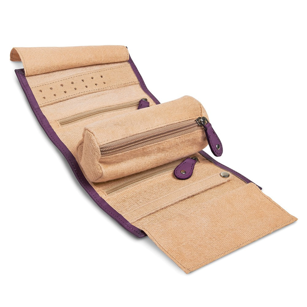 JP Purple Leather Tie Jewelry Roll with Removable Zippered Pouch