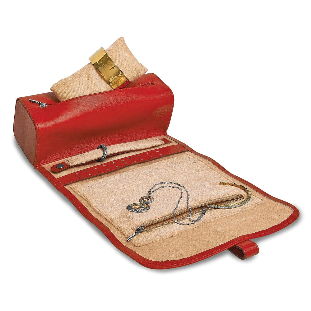 JP Red Leather Snap Strap Large Jewelry Roll with Watch/Bracelet Pillow