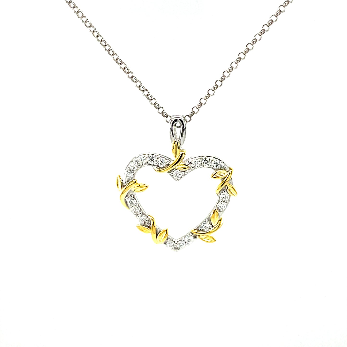 PML Two Tone, Heart Pendant w/Moissanite Gemstones Highlights & SS Chain.