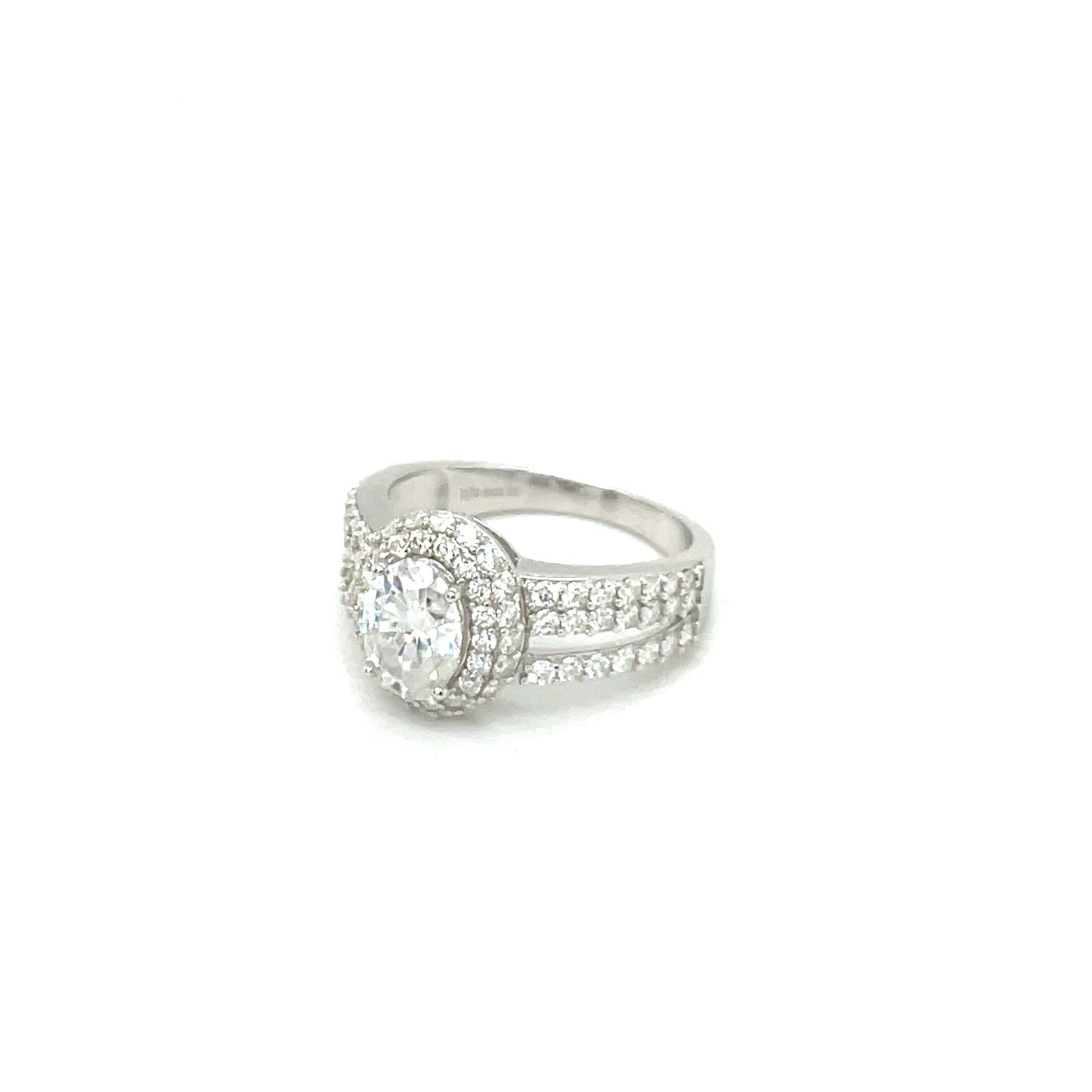 TTT 2 Ct Oval w/ Moissanite Gemstone Highlighted Ring; Rhodium Plated SS.