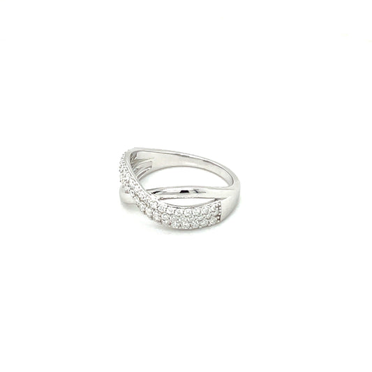 TTT High Polish, Criss-Cross Ring w/Moissanite Gemstones; Platinum Plated.