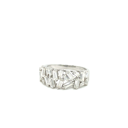 TTT Rectangular Moissanite Gemstone Baquettes Ring; Rhodium Plated Sterling Silver.
