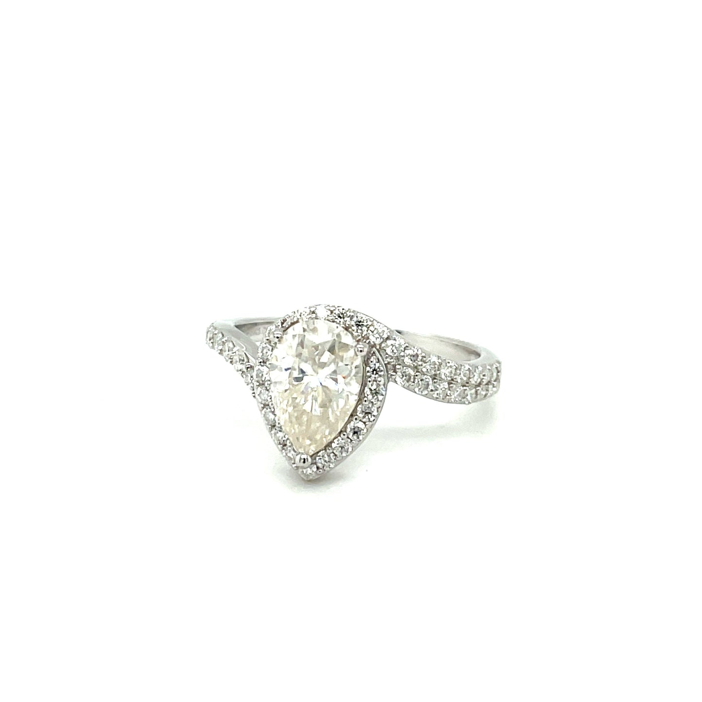 TTT 2 Ct, SS Pear Shaped Center Stone Ring w/ Full Moissanite Gemstone Highlights; Plated..