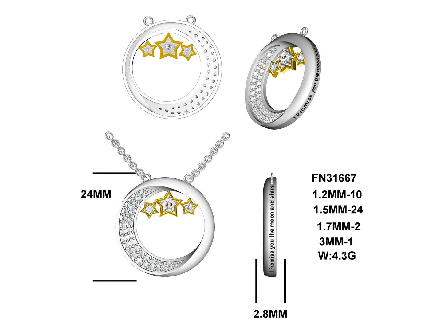 MS I Promise You The Moon And Stars Two Tone Pendant | Sterling Silver Plated | Lab Grown Sapphire | Lasting Legacy Collection