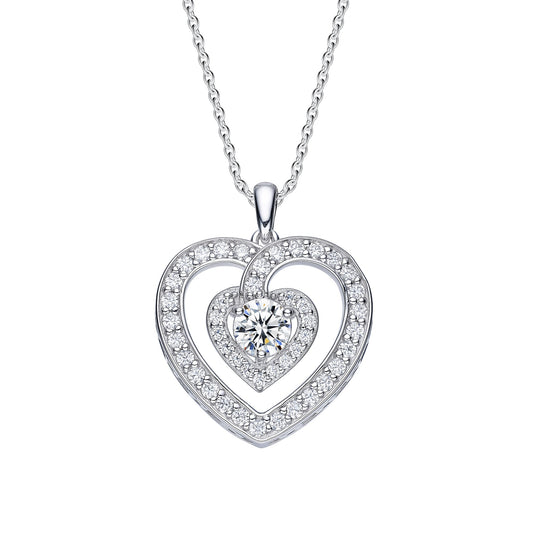 LE Large Stone Moissanite Gemstone Heart Pendant w/Full Accents; Platinum Plated SS